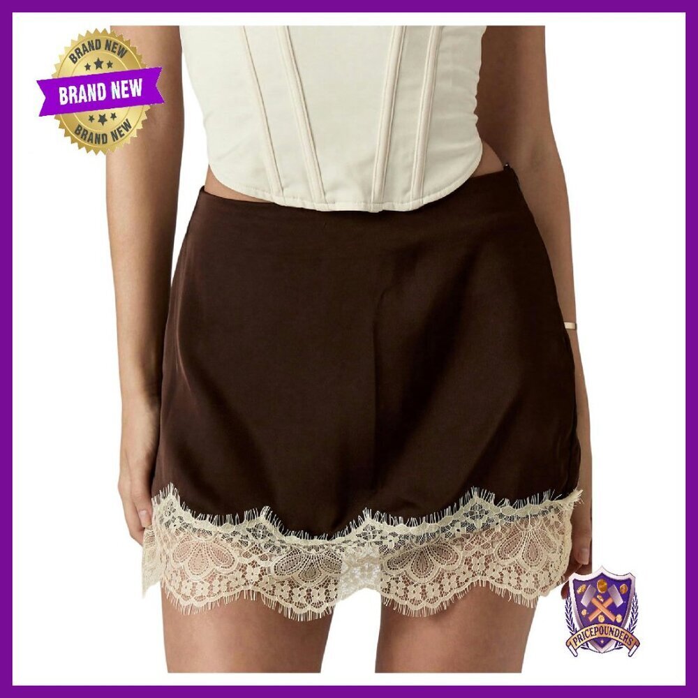 Retro Lace Satin Mini Skirt High Waisted A-Line Work Wear